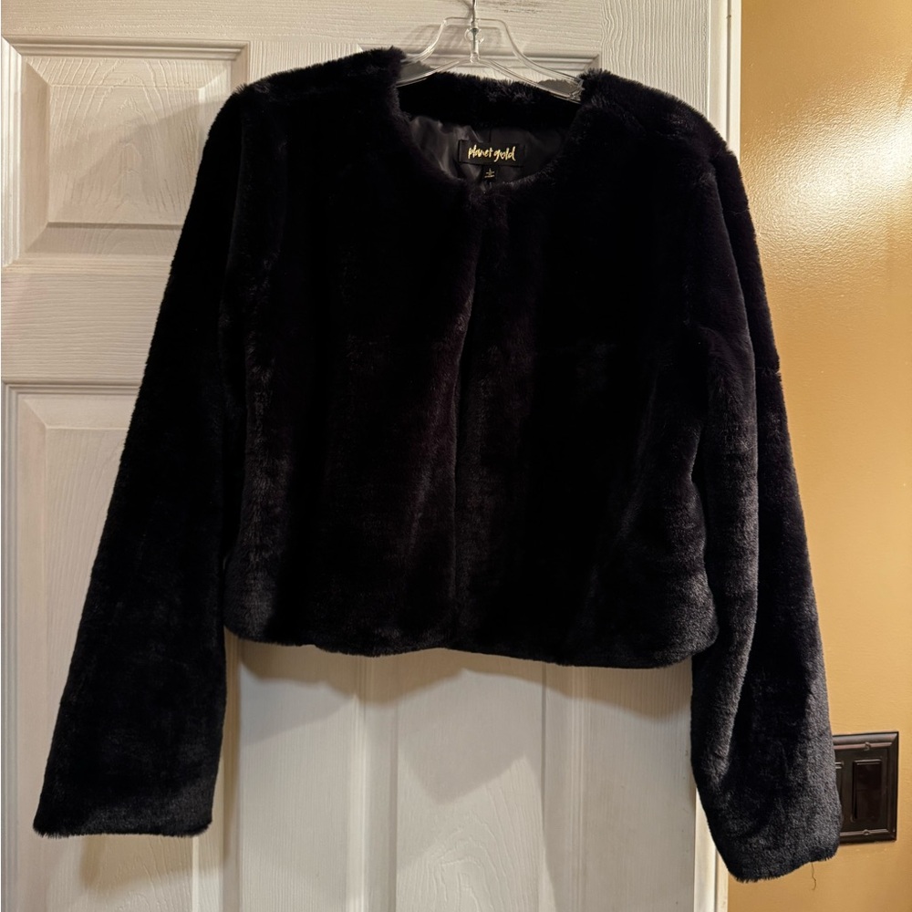 Ladies large Planet Gold black faux fur Teddy cropped jacket